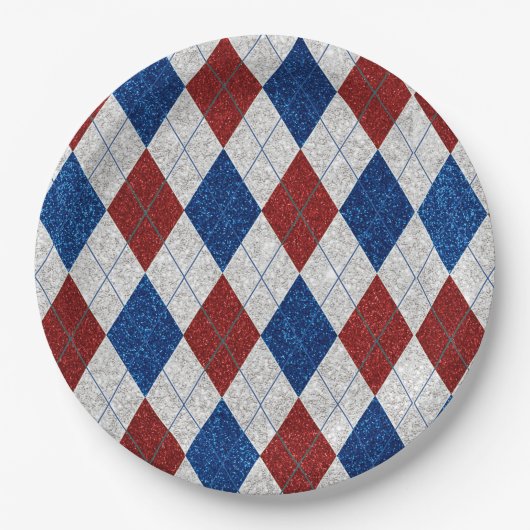 Rood, Wit & Blauw Argyle 4 Juli Glitter Papieren Bordje (Voorkant)