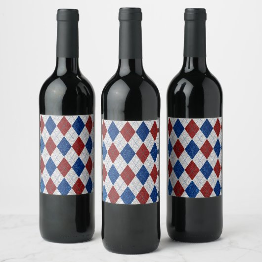 Rood, Wit, Blauw Argyle 4 Juli Glitter Wijn Etiket (Flessen)