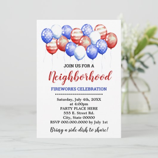 Rood Wit & Blauw Ballonnen Buurtfeest Kaart (Staand voorkant)