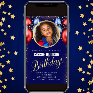 Rood Wit Blauw Ballonnen Kids Verjaardag Uitnodigi Kaart