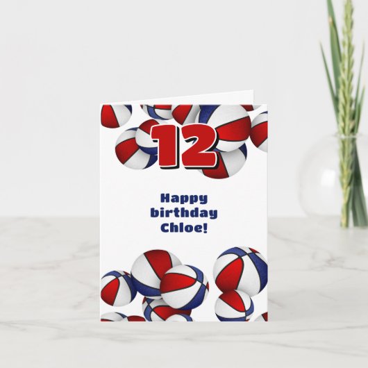 Rood Wit Blauw Basketballen Meisjes Verjaardag Kaart (Voorkant)