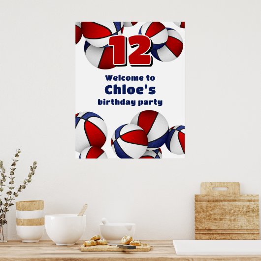 Rood Wit Blauw Basketballen Verjaardagsfeest Welko Poster (Keuken)