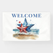 Rood Wit Blauw BBQ op het strand Spandoek (Horizontaal)