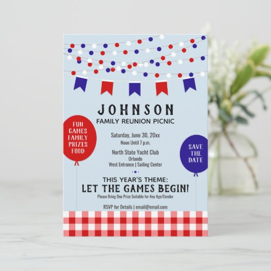 Rood Wit Blauw BBQ Reünie Verjaardagsfeest Uitnodi Save The Date (Staand voorkant)