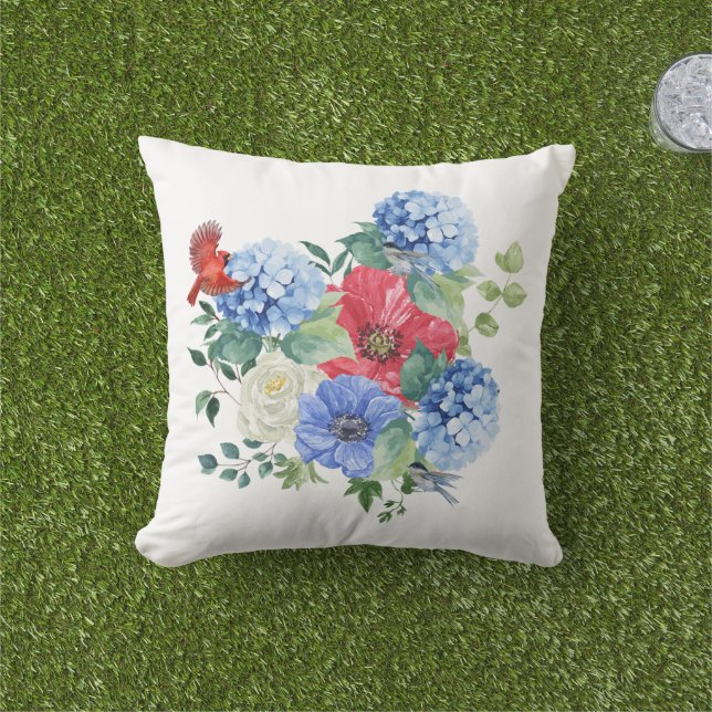 Rood/Wit/Blauw Bloemboeket met Vogels Buitenkussen (Gras)