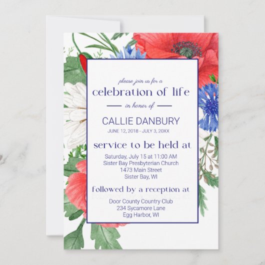 Rood Wit Blauw Bloemen Begrafenis Viering van het Kaart (Voorkant)