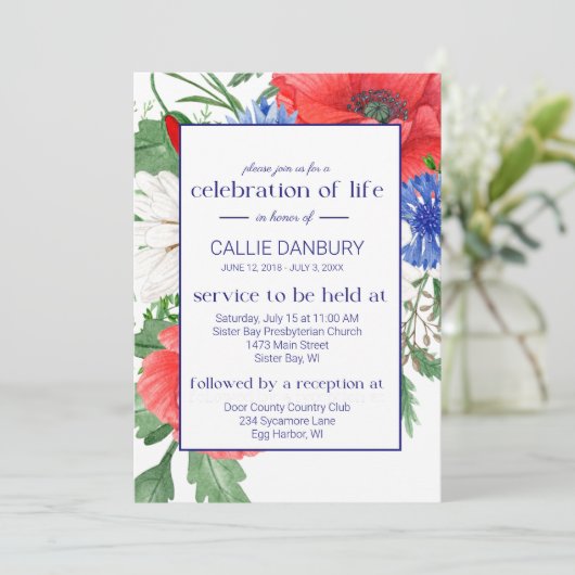 Rood Wit Blauw Bloemen Begrafenis Viering van het Kaart (Staand voorkant)