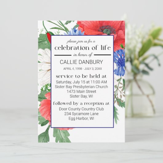 Rood Wit & Blauw Bloemen Begrafenisfoto Kaart (Staand voorkant)