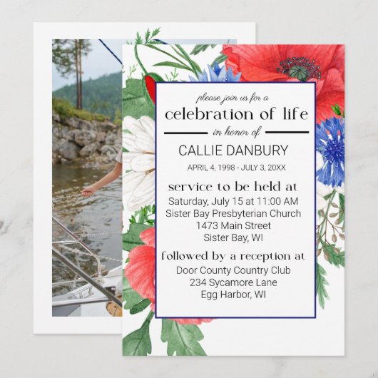 Rood Wit & Blauw Bloemen Begrafenisfoto Kaart (Voorkant / Achterkant)