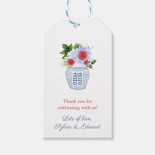Rood wit blauw bloemen Ginger Jar Baby shower Cadeaulabel (Voorkant)