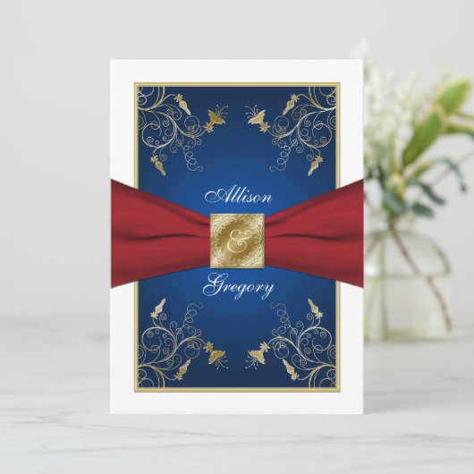 Rood Wit Blauw Bloemen Monogram Bruiloft Uitnodigi Kaart (Staand voorkant)