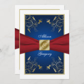 Rood Wit Blauw Bloemen Monogram Bruiloft Uitnodigi Kaart (Voorkant / Achterkant)