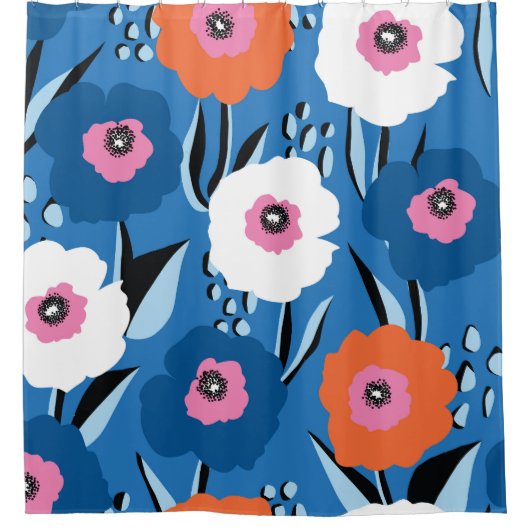 Rood Wit Blauw: Bloemen Scandinavisch. Douchegordijn (Voorkant)