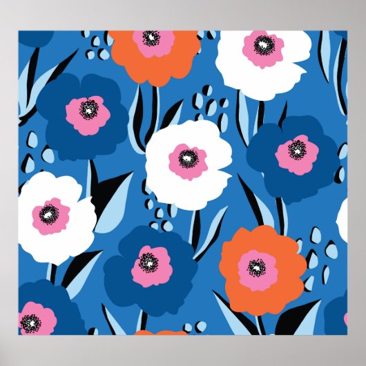 Rood Wit Blauw: Bloemen Scandinavisch. Poster (Voorkant)