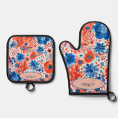 Rood, Wit & Blauw Bloemenovenwanten en Pothouders Ovenwant & Pannenlap Set (Voorkant)