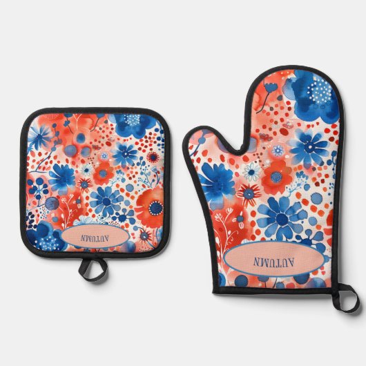 Rood, Wit & Blauw Bloemenovenwanten en Pothouders Ovenwant & Pannenlap Set (Voorkant)