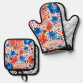 Rood, Wit & Blauw Bloemenovenwanten en Pothouders Ovenwant & Pannenlap Set (Voorkant / Achterkant)