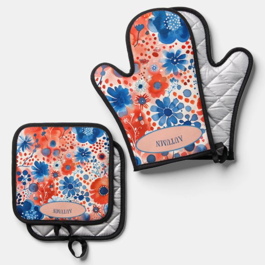 Rood, Wit & Blauw Bloemenovenwanten en Pothouders Ovenwant & Pannenlap Set (Voorkant / Achterkant)