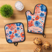 Rood, Wit & Blauw Bloemenovenwanten en Pothouders Ovenwant & Pannenlap Set (Top down)