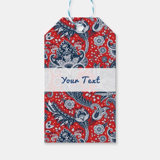 Rood Wit & Blauw Bloemig Paisley Boheemse Boho Cadeaulabel (Voorkant)