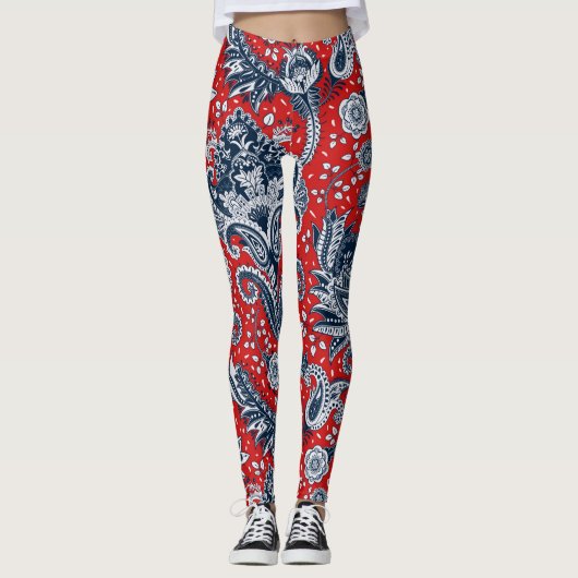 Rood Wit & Blauw Bloemig Paisley Boheemse Boho Leggings (Voorkant)