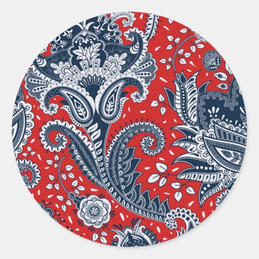 Rood Wit & Blauw Bloemig Paisley Boheemse Boho Ronde Sticker (Voorkant)