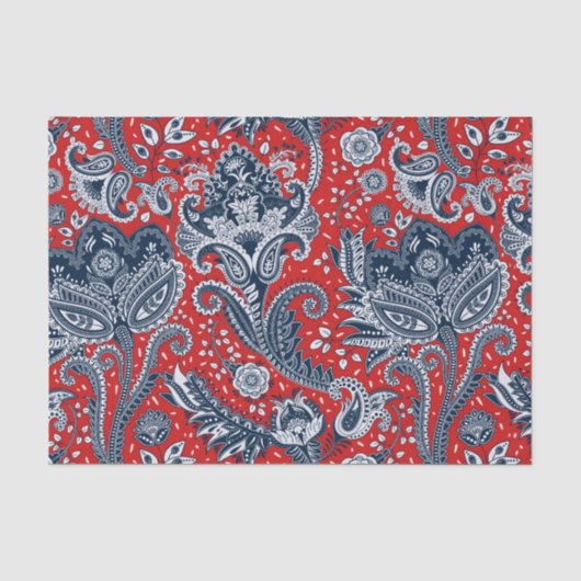 Rood Wit & Blauw Bloemig Paisley Boheemse Boho Tissuepapier (Voorkant)