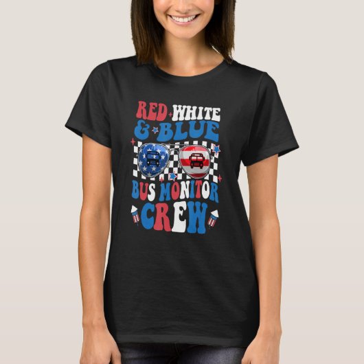 Rood Wit Blauw Bus Monitor Crew Groovy 4 juli T-shirt (Voorkant)