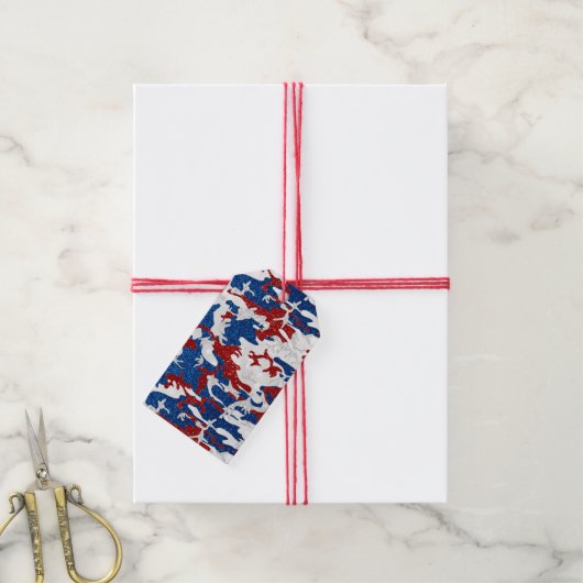 Rood, Wit & Blauw Camo 4 Juli Glitter Cadeaulabel (Met Touw)