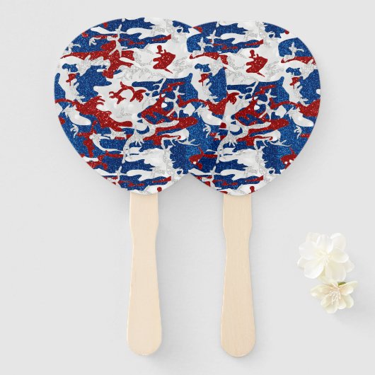 Rood, Wit & Blauw Camo 4 Juli Glitter Handwaaier (Voorkant en achterkant)