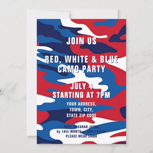 Rood Wit Blauw Camo 4 juli Uitnodiging voor het fe (Voorkant)