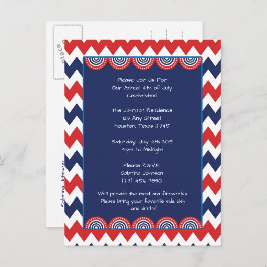 Rood Wit Blauw Chevron 4th of July Party Uitnodige Uitnodiging Briefkaart (Voorkant / Achterkant)