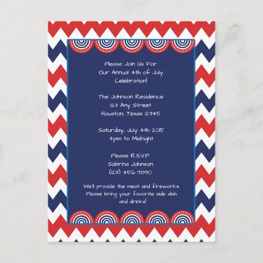 Rood Wit Blauw Chevron 4th of July Party Uitnodige Uitnodiging Briefkaart (Voorkant)