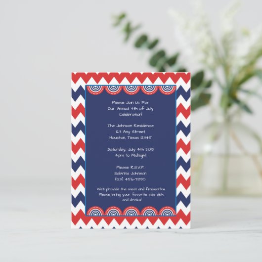 Rood Wit Blauw Chevron 4th of July Party Uitnodige Uitnodiging Briefkaart (Staand voorkant)