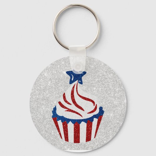 Rood, Wit & Blauw Cupcake 4 Juli Glitter Sleutelhanger (Voorkant)