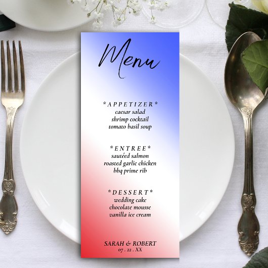 Rood Wit & Blauw Diagonaal Ombre Bruiloft Receptie Menu
