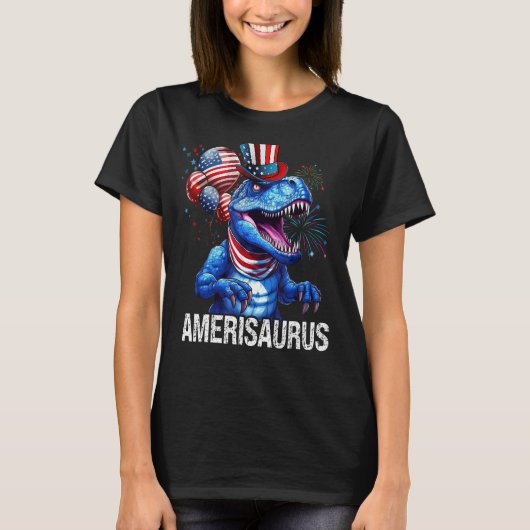 Rood Wit Blauw Dinosaurus Amerisaurus Vuurwerk 4e T-shirt (Voorkant)