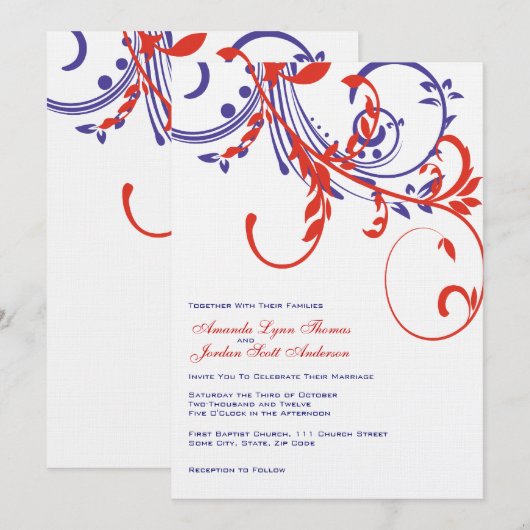 Rood, wit, blauw, dubbelFloral huwelijksuitnodigin Kaart (Voorkant / Achterkant)