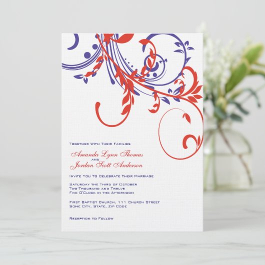 Rood, wit, blauw, dubbelFloral huwelijksuitnodigin Kaart (Staand voorkant)