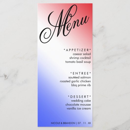 Rood Wit & Blauw Elegant Script Huwelijksreceptie Menu (Voorkant)