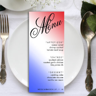 Rood Wit & Blauw Elegant Script Huwelijksreceptie Menu