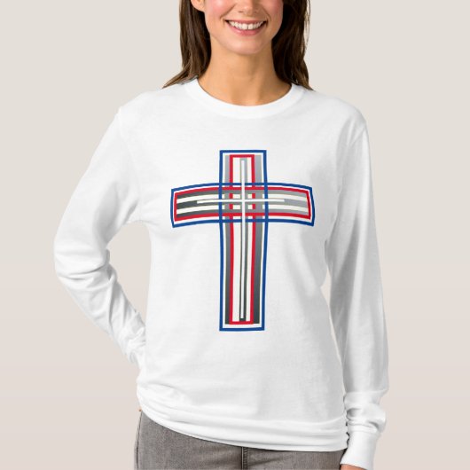 Rood, wit, blauw en zilver gelaagd kruis t-shirt (Voorkant)