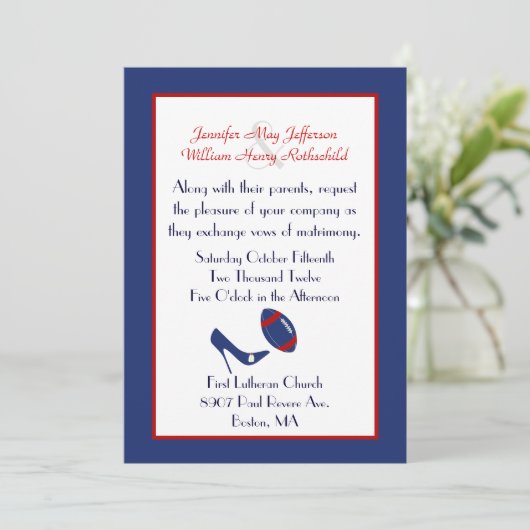 Rood, Wit, & Blauw Football Huwelijksuitnodiging Kaart (Staand voorkant)