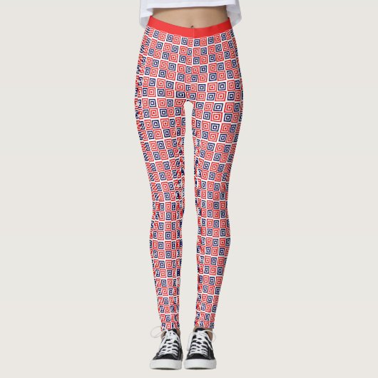 Rood Wit Blauw Genest Vierkanten Patroon Fitness Leggings (Voorkant)