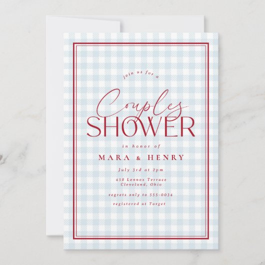 Rood Wit Blauw Gingham Couples Vrijgezellenfeest Kaart (Voorkant)