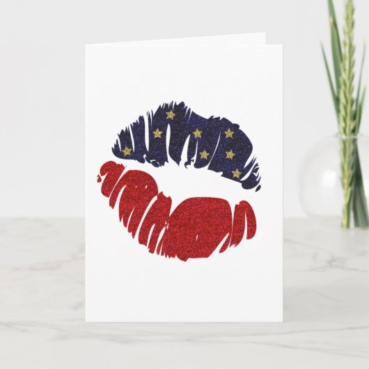 Rood Wit Blauw Goud Glitters Sterren 4e KISS LIPPE Kaart (Voorkant)