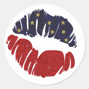 Rood Wit Blauw Goud Glitters Sterren 4e KISS LIPPE Ronde Sticker