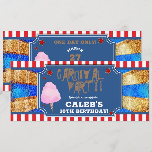 Rood Wit Blauw Gouden Carnavalsfeest Ticket Kaart (Voorkant / Achterkant)