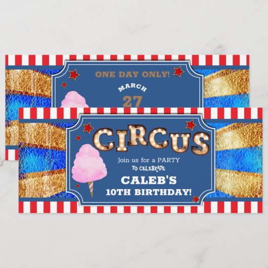 Rood Wit Blauw Gouden Circus Party Ticket Kaart (Voorkant / Achterkant)