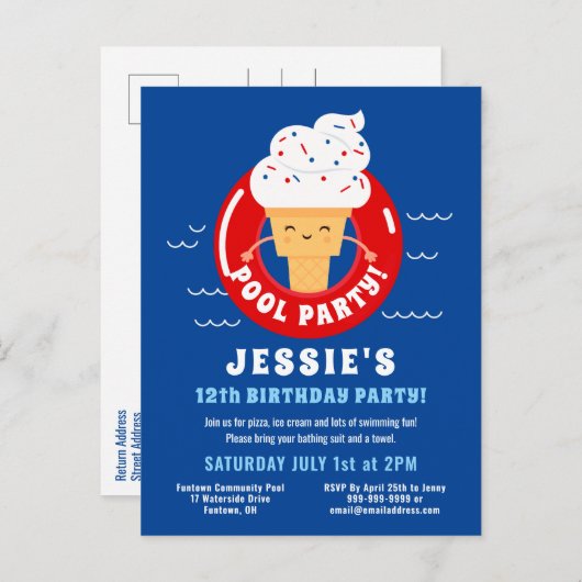 Rood Wit Blauw Ijscrème Pool Party Kinder Zomer Uitnodiging Briefkaart (Voorkant / Achterkant)